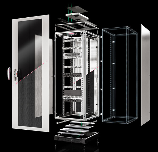 Der Rittal TX CableNet Schaltschrank in Einzelzeilen vor einem schwarzen Hintergrund